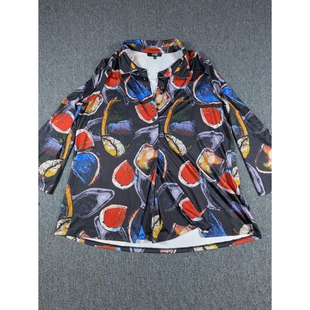 Lior Paris Womens Abstract Oil Paint Print Button Down Blouse Multi Color Large